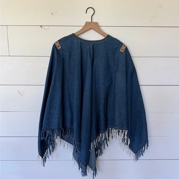 Embroidered Denim Poncho with Fringe - Picture 4 of 4